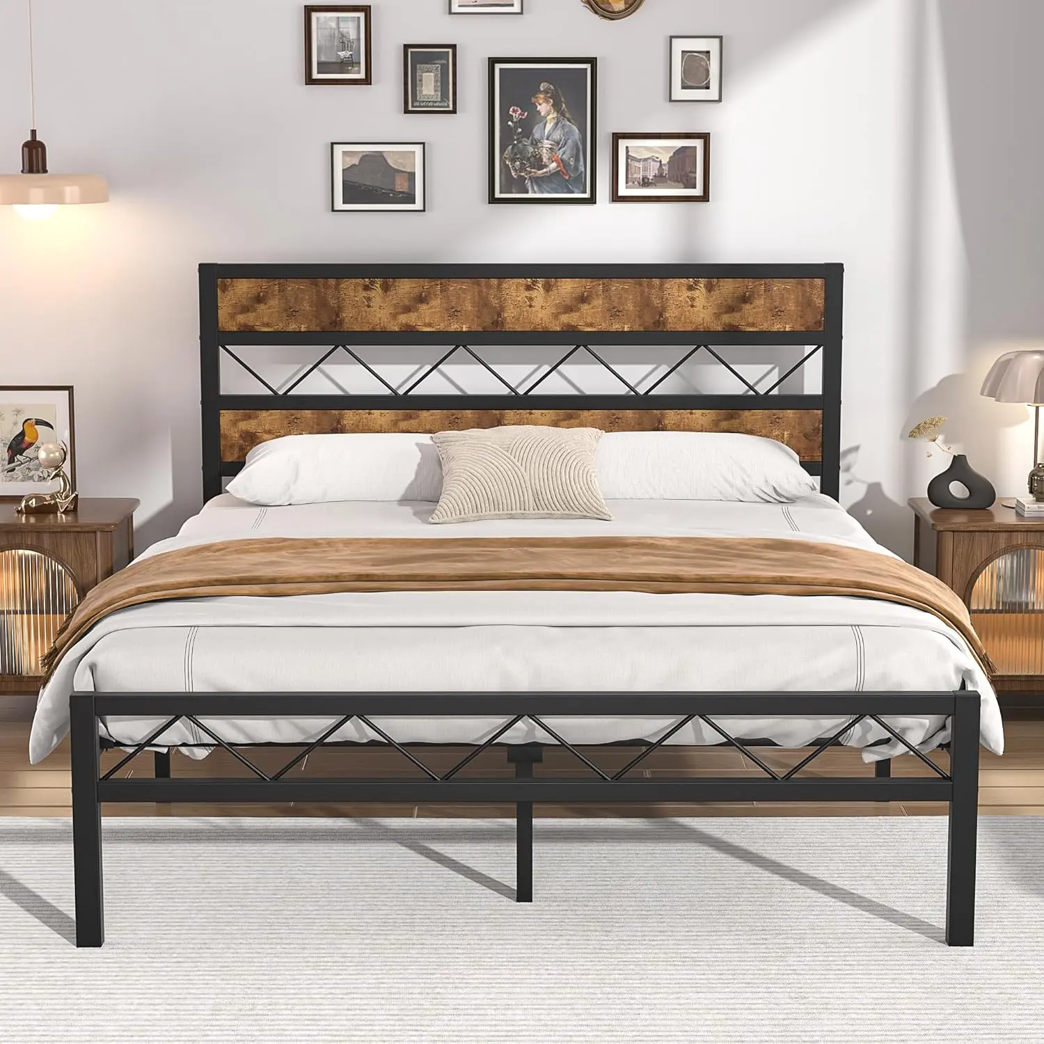 VECELO Queen Bed Frame with Wood Headboard Platform Bed Frame with Strong Metal Support, Noise Free, No Box Spring Needed, Easy Assembly, Vintage Brown