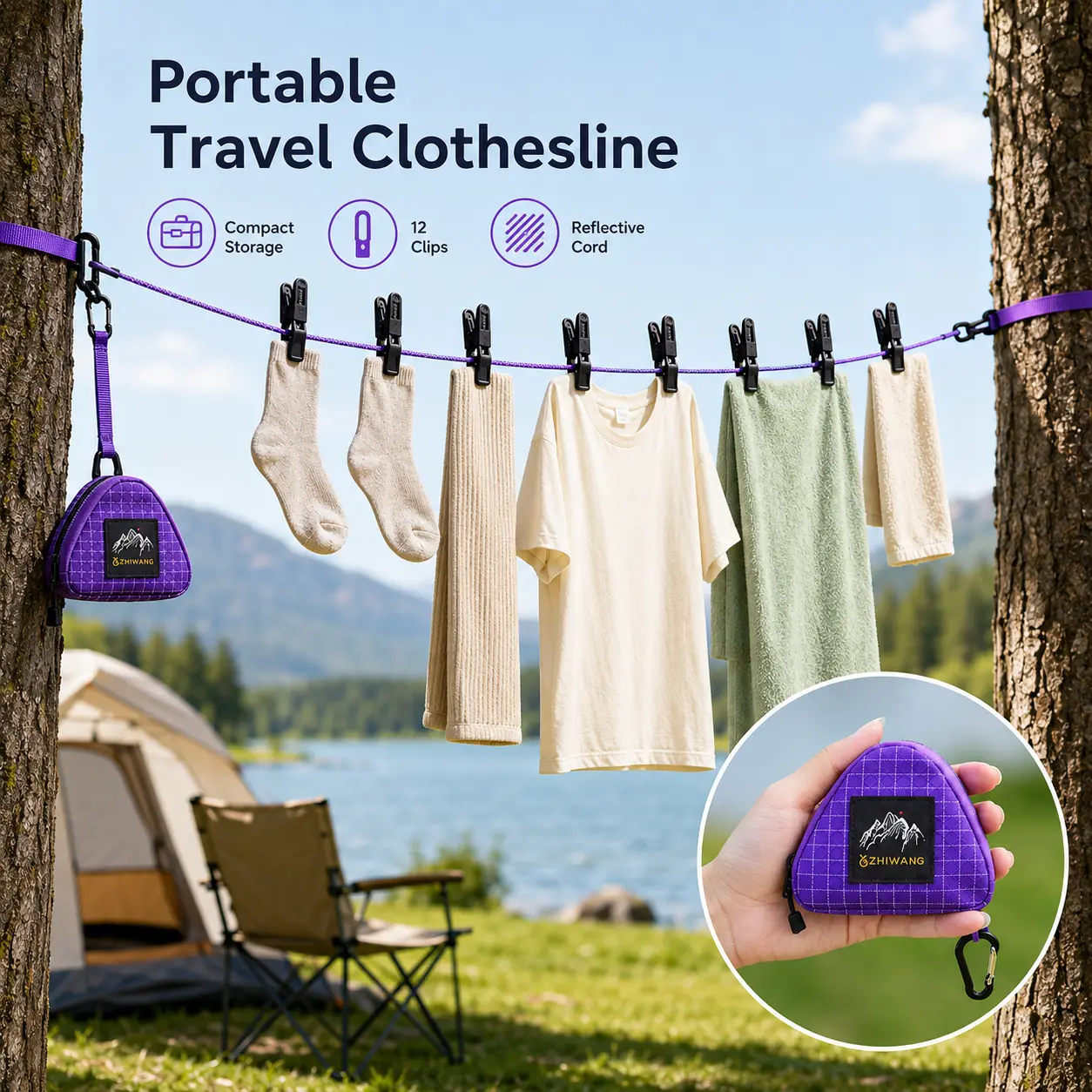 Outdoor travel clothesline for hanging blankets, a must-have for outdoor clothes drying, portable and windproof.