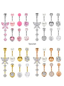 Stainless Steel Cz Belly Ring Set, Elegant Design, 7-Piece Body Piercing Jewelry Kit for Women & Girls, Perfect Holiday Gift Idea