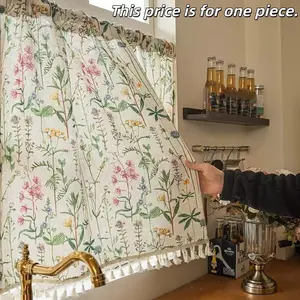 1PC Modern Farmhouse Coffee Curtain with Fringe, Kitchen Curtain, American Middle Eastern Style, Short Drapes for Home Decor, Floral Pattern Curtains
