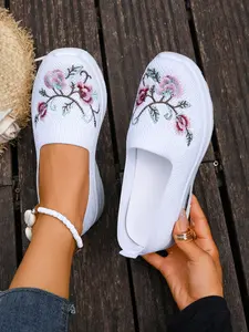 Women's Lightweight Breathable Flyknit Floral Embroidery Round Toe Flat Shoes, Casual Slip On Style Textile Upper, Soft Sole, All Seasons, Walking Shoes