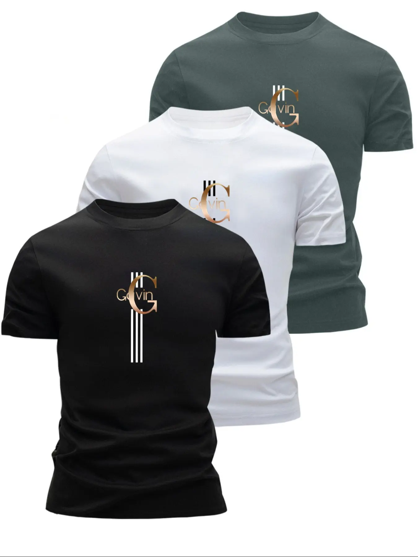 Three-Pack Men's Short Sleeve T-Shirts, Gavin Logo Print Striped Graphic Design, Casual Fitted Long Top, All-Season Daily Wear, Casual Slim Fitting