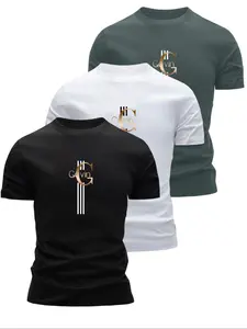 Men's 3-Pack Short Sleeve T-Shirts, Cavin Logo Print Striped Design, Casual Fitted Basic Tee for Daily Wear, All Seasons
