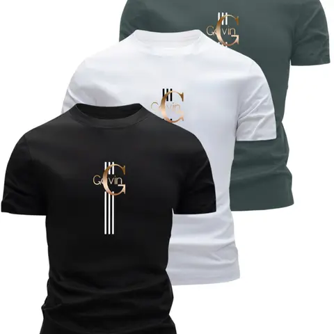 Three-Pack Men's Short Sleeve T-Shirts, Gavin Logo Print Striped Graphic Design, Casual Fitted Long Top, All-Season Daily Wear, Casual Slim Fitting, Casual Fashion Clothing