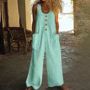 Women's Loose Casual Striped Cotton-Linen Jumpsuit with Button Flap Pockets 2026 Style Overalls for Womenswear