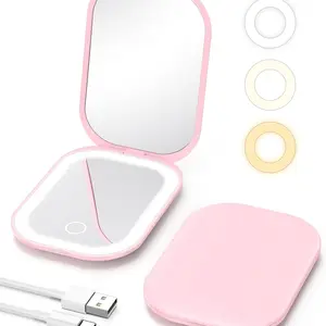 Gospire Lighted Travel Makeup Mirror with Light and Magnification, 3X Magnification Rechargeable Small Mirror with Three-color Adjustable Light, Led Mini Mirror for Purse - Pink