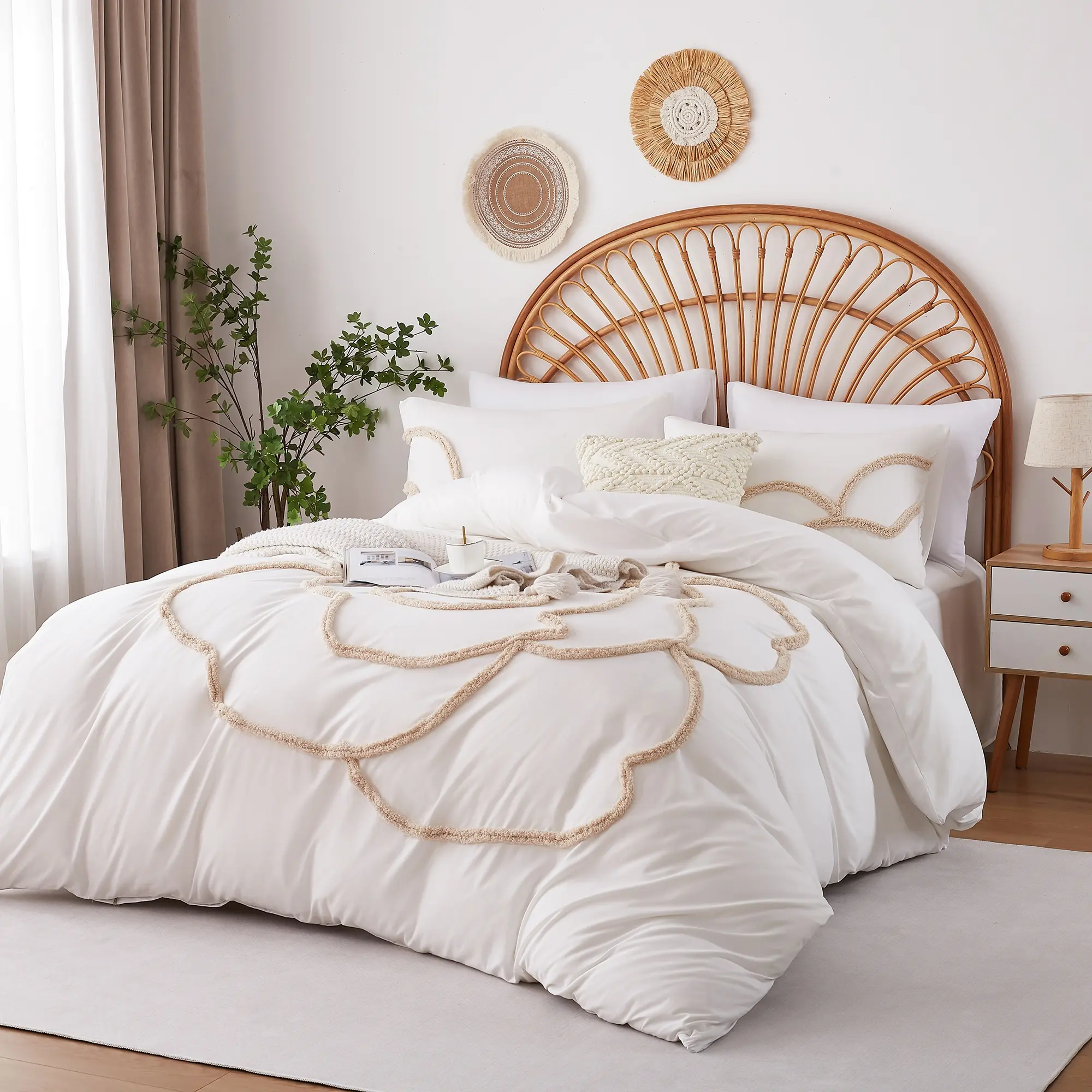 Camellia pattern Microfiber Duvet Cover Set, Boho Tufted Comforter Sets with Zipper Closure, Including1 Duvet Cover & 1/2 Pillowcase without Filler, Soft Comfortable Bedding Set for Home Bedroom, Breathable Duvet Set