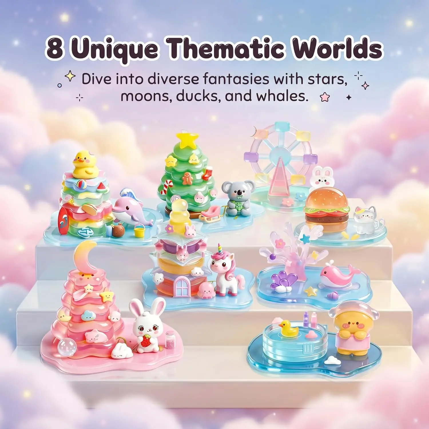 Crystal Stacked 3D Building Stickers, 8 Sets DIY Puffy Resin Decorative Stickers for Kids, Layered Kawaii Miniature Scene Craft Kit for Desktop Ornaments and Creative DIY Art Projects, 8 Themes