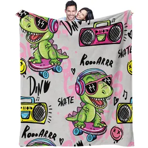 Cartoon Skateboard Dinosaur Printing Flannel Blanket, Fun Children'S Blanket, Soft and Comfortable Textile, Suitable for Teenagers Ladies Men Adults, Suitable for Living Room, Bedroom, Office