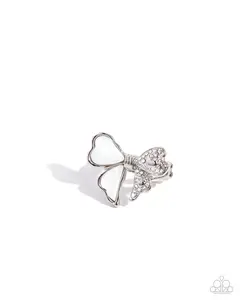 BOW-stopper - White Shell and Rhinestone Silver Bow Ring - Paparazzi