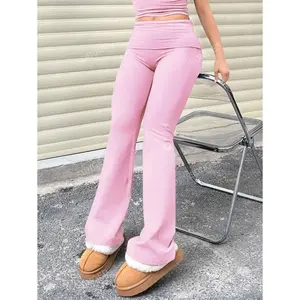 Women's Casual Solid Color Wide-Waist Flare Pants, Leggings Fold-Over Waist High Waist Ruched Slim Fit