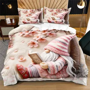 Sakura Reading Gnome Embroidered Quilt Set, Includes 1 Quilt Cover and 1/2 Coreless Pillowcases, Block Bedding