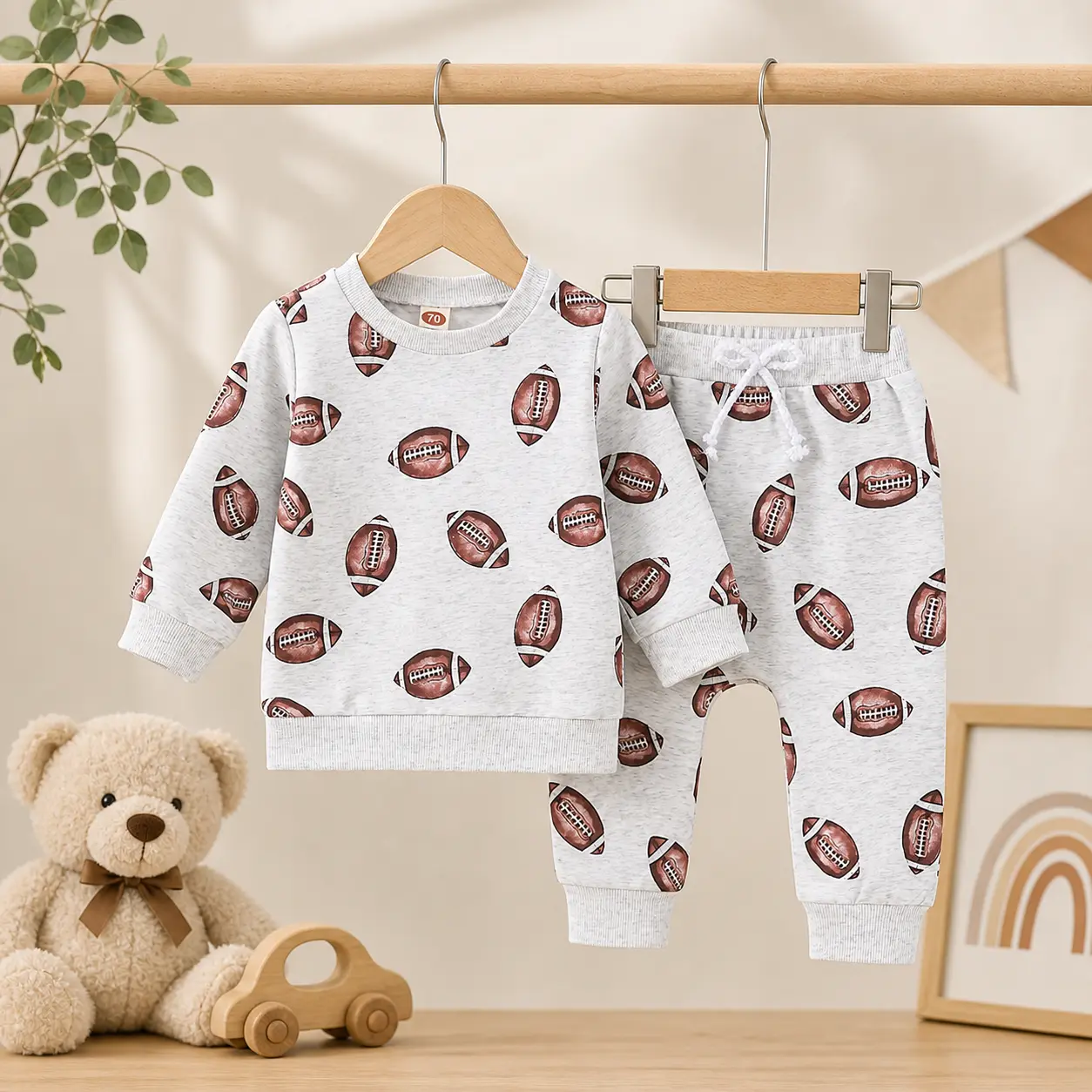 Boys' Toddler 0-3 Years 2-Piece Football Motif Casual Wear Set - Cotton Blend Long-Sleeve Round Neck Sweatshirt, Drawstring Pocket Long Pants, Machine Wash Kids' Outfit