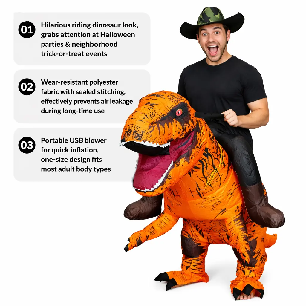 Women's Blow-Up T-Rex Shape Inflatable Dinosaur Costume - Recycled Polyester, Lightweight, Flexible for Adult Halloween Parties, Cosplay, Clothes, Full Body Length, Plain