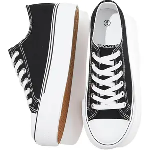 Womens White Platform Sneakers Low Top Platform Shoes Black Canvas Shoes for Women