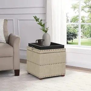 Adeco 18 Inch High Cube Ottoman Storage, Linen Beige Chair Foot Stools with Tray, Upholstered Vanity Stool with Solid Wood Legs