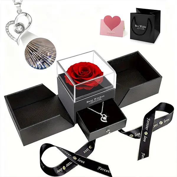 Preserved Red Real Rose with Heart I Love You Necklace, Eternal Flowers Rose Birthday Gifts for Women Her Mom Wife Girlfriend Grandma, Romantic Gifts for Mother's Day, Valentine's Day, Christmas, Birthday Anniversary