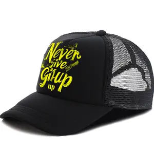 Men's Casual Baseball Cap in Black with "Never Give Up" Yellow Text Polyester 100% Mesh Back Breathable Hat for Everyday Wear sun hat