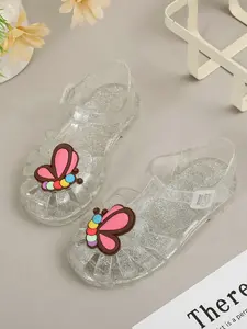 New Girl's Fashion Sandals, Versatile Summer Shoes, Butterfly Glitter Soft Sole, Jelly Color Princess Beach Sandals, Crystal Sandals, Sparkly Sandals, Butterfly Decorated Slides