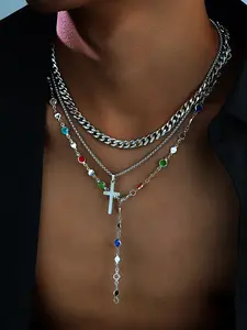 Men's Stainless Steel Cross Pendant Necklace Set, Rhinestone Y-Shaped Layered Chain Jewelry, Perfect Gift for Birthdays & Holidays