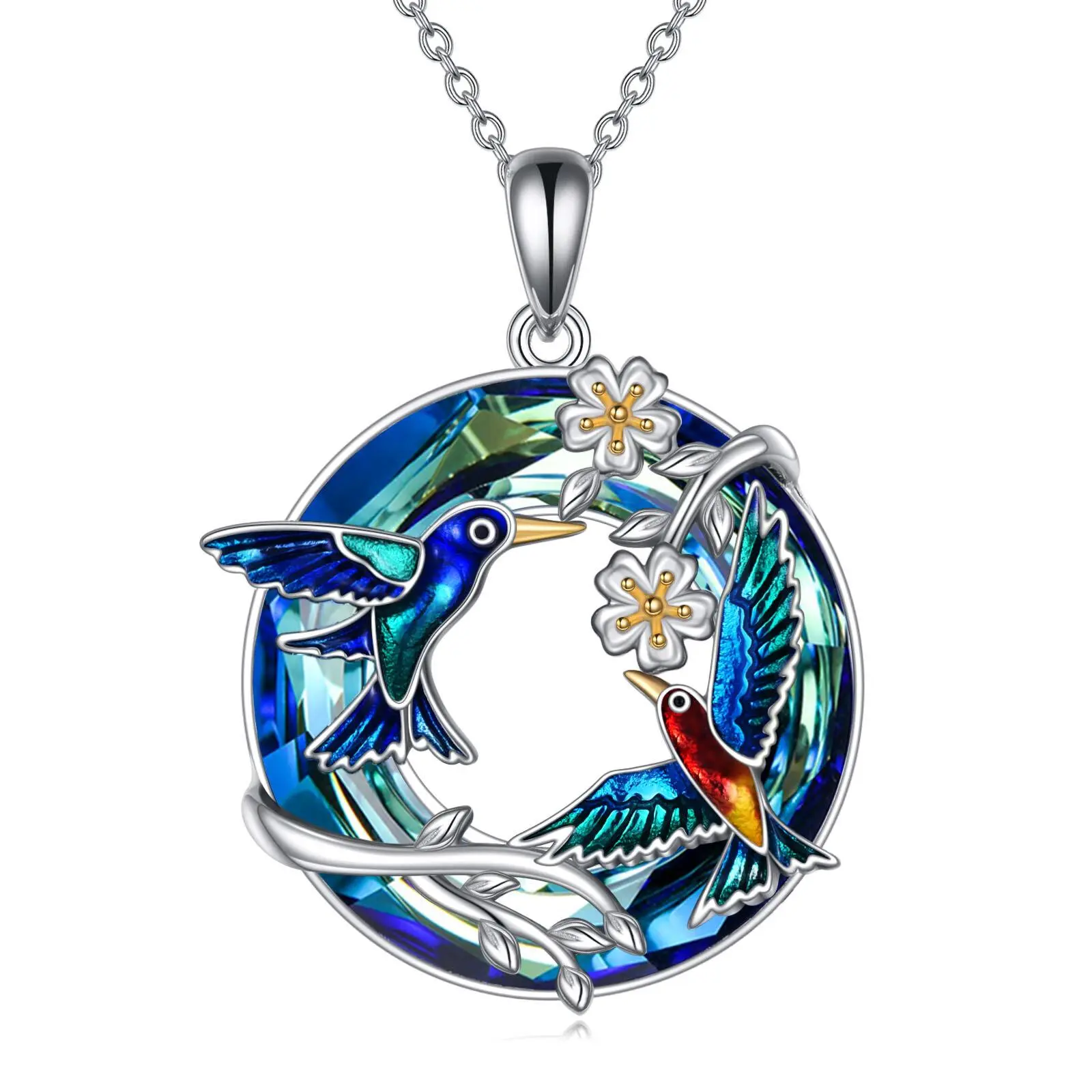 Women's Sterling Silver Nature Theme Necklace with Crystal Accents, Daisy Flower & Hummingbird Pendant, Birds&Flowers Gift Idea Jewelry