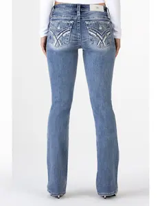 Miss Me Women’s Mid-Rise Bootcut Jeans - Washed Denim - Cross-Stitched & Rhinestone Faux Flap Pockets- Y2K-Vintage Women's Jeans - Wear All Seasons