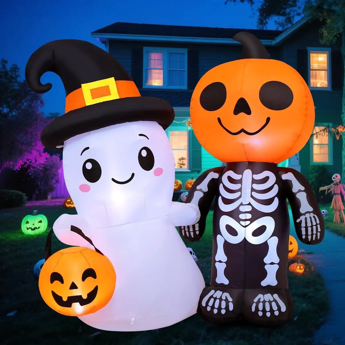 5.4FT Halloween Inflatables Outdoor Decoration Blow Up Yard Cute Ghost and Skull Pumpkin with Built-in LEDs for Indoor Party Garden Lawn Holiday Decor