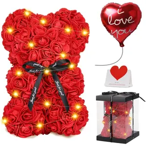 Rose Bear Christmas Flower Gifts for Her, Rose Teddy Bear with Lights, Cute Teddy Flower Bear, Birthday Gifts for Girl, Cute Romantic Gifts for Wife Girlfriend with Transparent  Box and Love Card