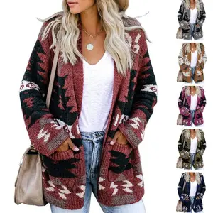 Women Boho Cardigan Aztec Open Front Loose Slouchy Sweaters Tribal Long Sleeve Knitted Christmas Jacket Coat