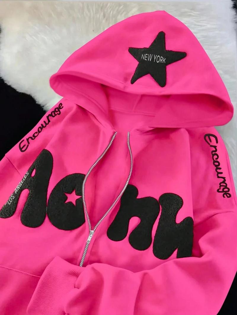 Hot Pink Zip Up Hoodie . Star Patch “New York” & Bold Black Letter Graphic . Trendy Y2K Streetwear Jacket . Encourage Embroidery Detail . Soft Fleece Aesthetic Hoodie for Women