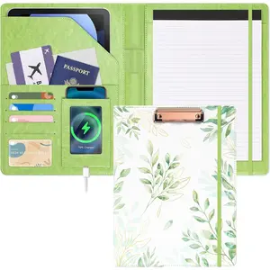 Foldable Faux Leather Clipboard Folio with Notepad 8.5 x 11,Green Business Padfolio for Women Portfolio Organizer, Leaf
