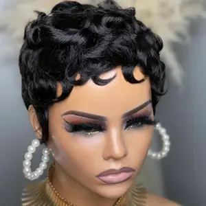 Cuticle Aligned Virgin Glueless Wigs Human Hair Pixie Curly Human Hair Wigs Raw Indian Hair None Lace Front Wigs for Women
