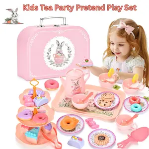 Unisex Kids Bunny Pretend Play Tea Party & Pretend Cooking Set, Safe Plastic Teapot, Cups, Play Kitchen Accessories, Princess Birthday Gift, Easter Basket Stuffer for 3-5 Year Olds
