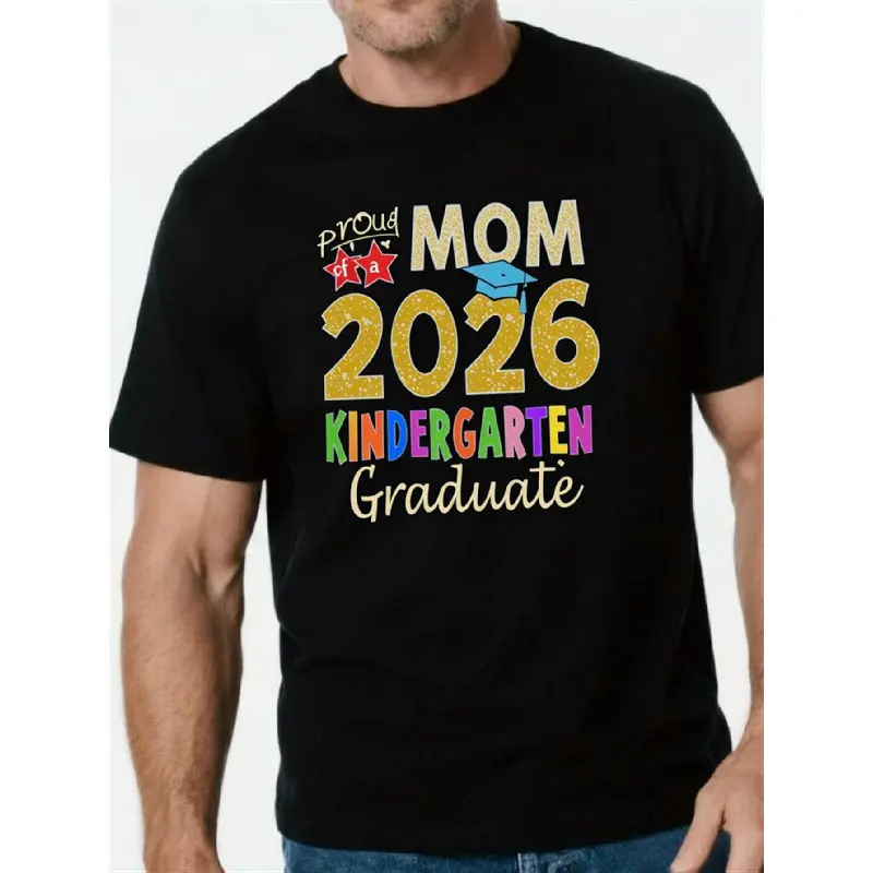A colorful t-shirt designed to celebrate proud mothers graduating kindergarten in 2026 is perfect for casual everyday wear gifts. Ideal for fashion lovers, this black short-sleeved patterned t-shirt offers a comfortable fall fit and stylish home wear. Loc