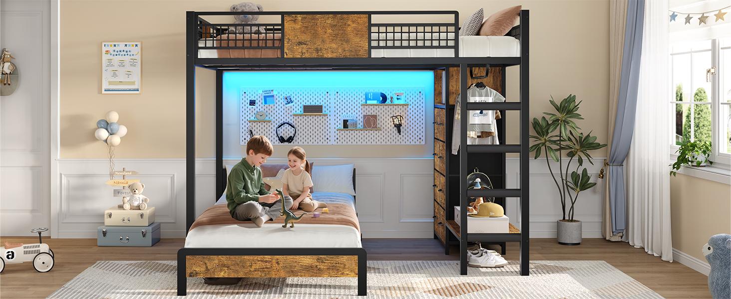 Sikaic Full Over Twin Bunk Bed with 8 Storage Drawers, Metal Bunk Bed with LED Lights & Storage Shelves, Loft Bed with Ladder & 13.4" Safety Guardrail for Kids & Teens summervibes Sikaic Full Over Twin Bunk Bed with 8 Storage Drawers, Metal Bunk Bed with LED Lights & Storage Shelves, Loft Bed with Ladder & 13.4" Safety Guardrail for Kids & Teens summervibes