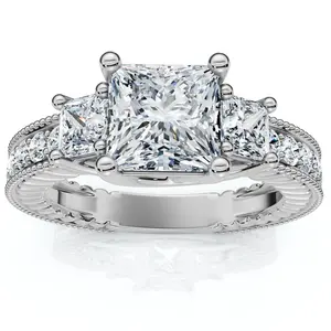 2 3/4CT Princess Cut Three Stone Vintage Diamond Engagement Ring Lab Grown 14k