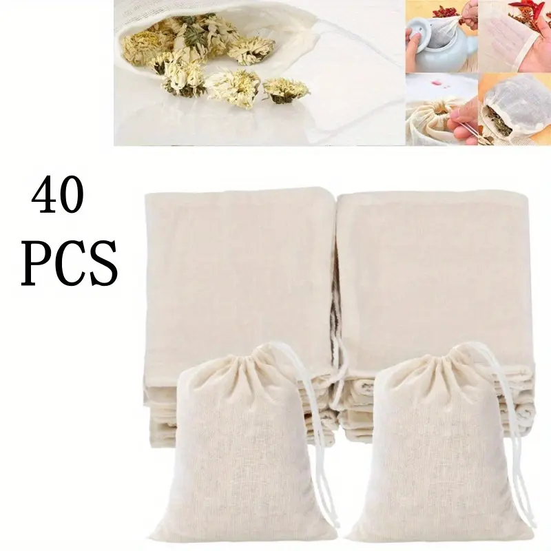 40PCS Drawstring Bags, for Cooking, Reusable Tea Bags for Self-Filling, Empty Gift Pouch, Spice Bags, Muslin Filter Bags, for Loose Tea, Coffee, Spices