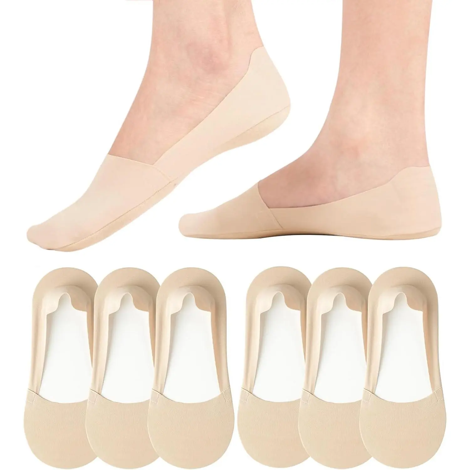 Women's Cotton No-Show Socks, 6 Pairs Snug Non-Slip Low-Cut Invisible Liners, Thin Nylon Footies for Mom's Flats, Sneakers, Boat Shoes