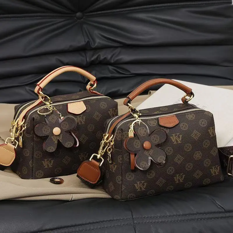 Vintage Monogram Boston Bag Women Handbag With Floral Pendant 2 Color Options