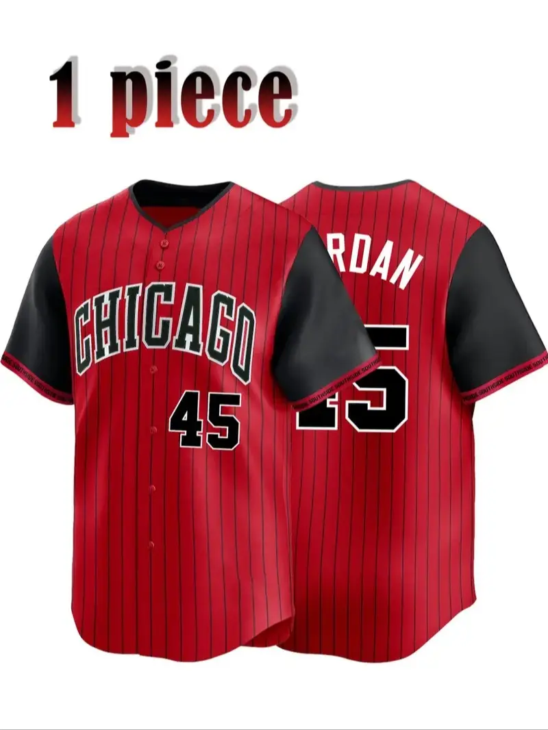 Men's #45 Embroidered Button-Front Casual Baseball Jersey, Regular Fit Short Sleeve V-Neck Top for Daily Wear & Sports, All Seasons