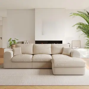 Luxury 108'' Upholstered Boneless Couch with Ottoman Convertible Cloud Sectional Couches for Living Room Corduroy Modular Sectional Sofa with Deepseat (Beige, 3 Seater + 1 Ottoman)