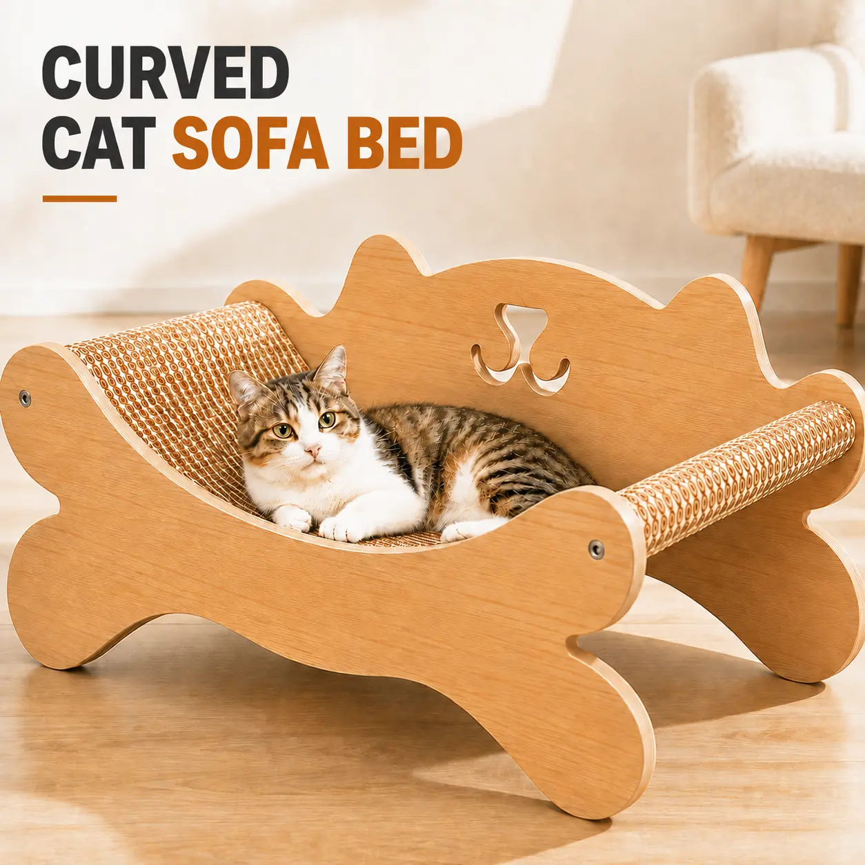 Sturdy Cat Sofa Bed, Curved Wooden Cat Furniture with Natural Sisal Scratcher, Cozy Lounge Chair for Indoor Cats