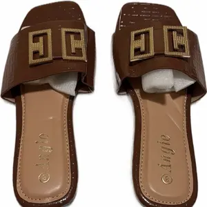Angie Brown Croc-Effect Slides with Gold Logo Detailing and Comfortable Insole