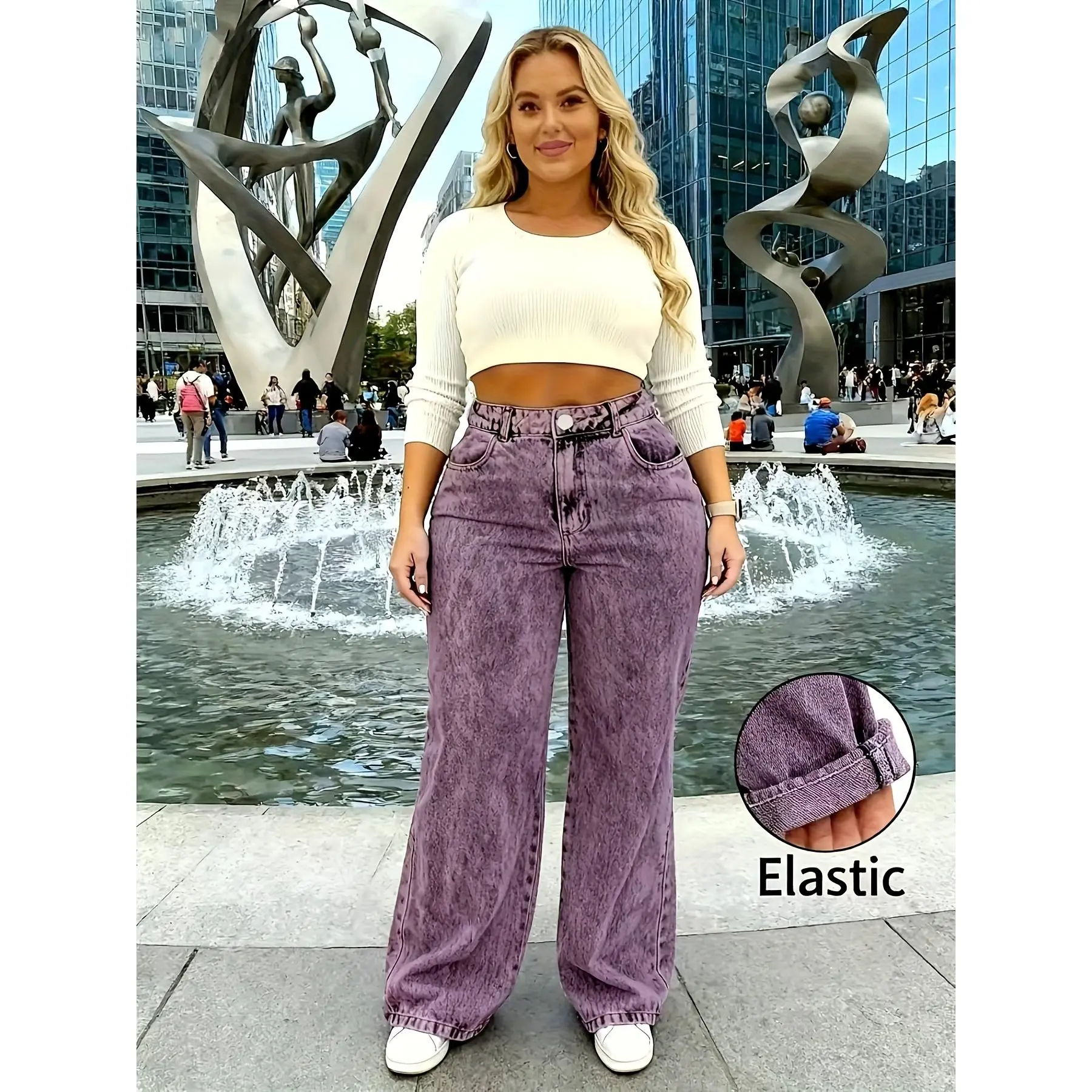 Plus Size Women's Purple Straight Leg Stretch Denim Pants - Full-Length Zipper Wide-Leg Trousers, Year-Round Versatility, Machine Washable Straight Leg Pants for Casual and Formal Wear - Tummy Control, Plus Size Women's Wide-Leg Jeans