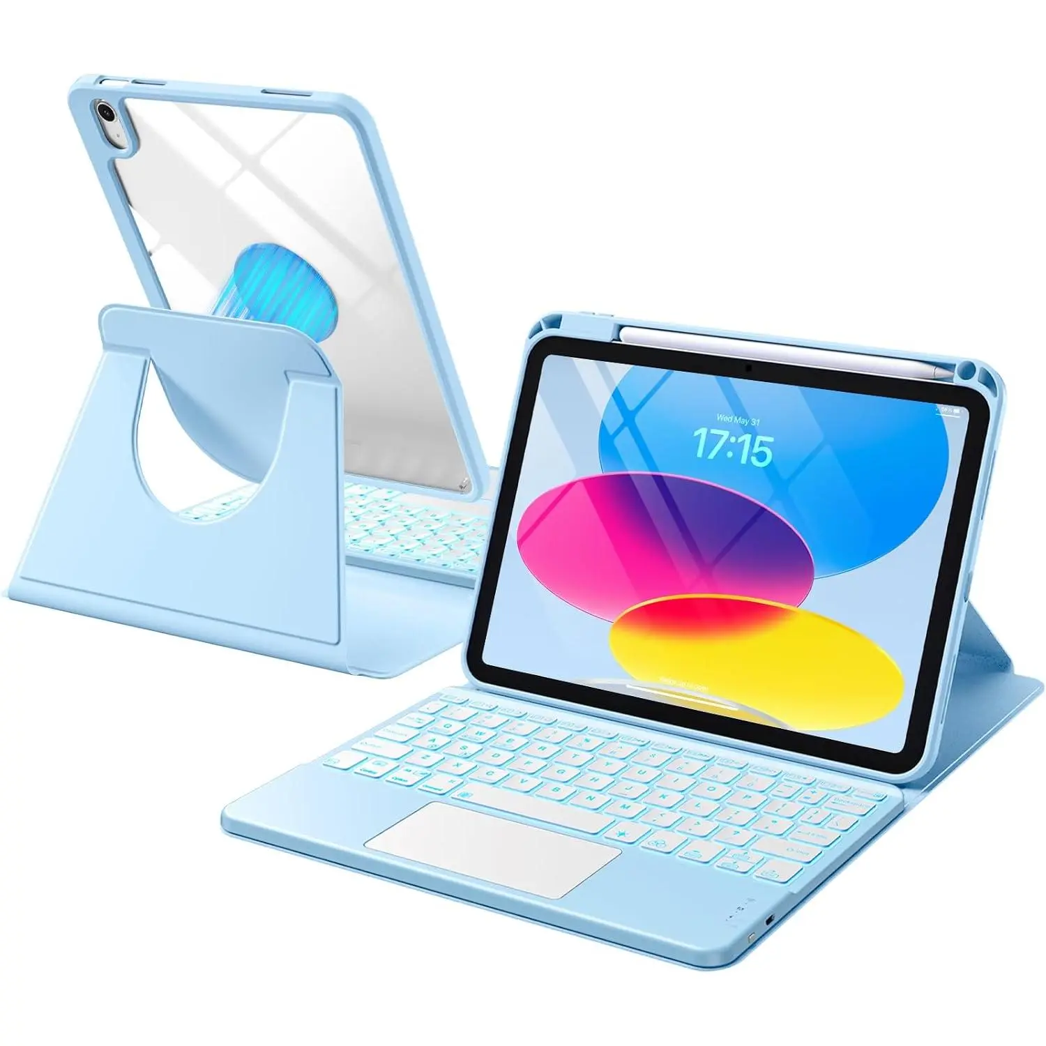 for iPad 10th/11th Generation A16 Case with Keyboard, 360 Rotation Detachable Cover with Pencil Holder, Multi- Trackpad, 7 Colors Backlit Keyboard for iPad (A16)/10th Gen (Sky Blue)