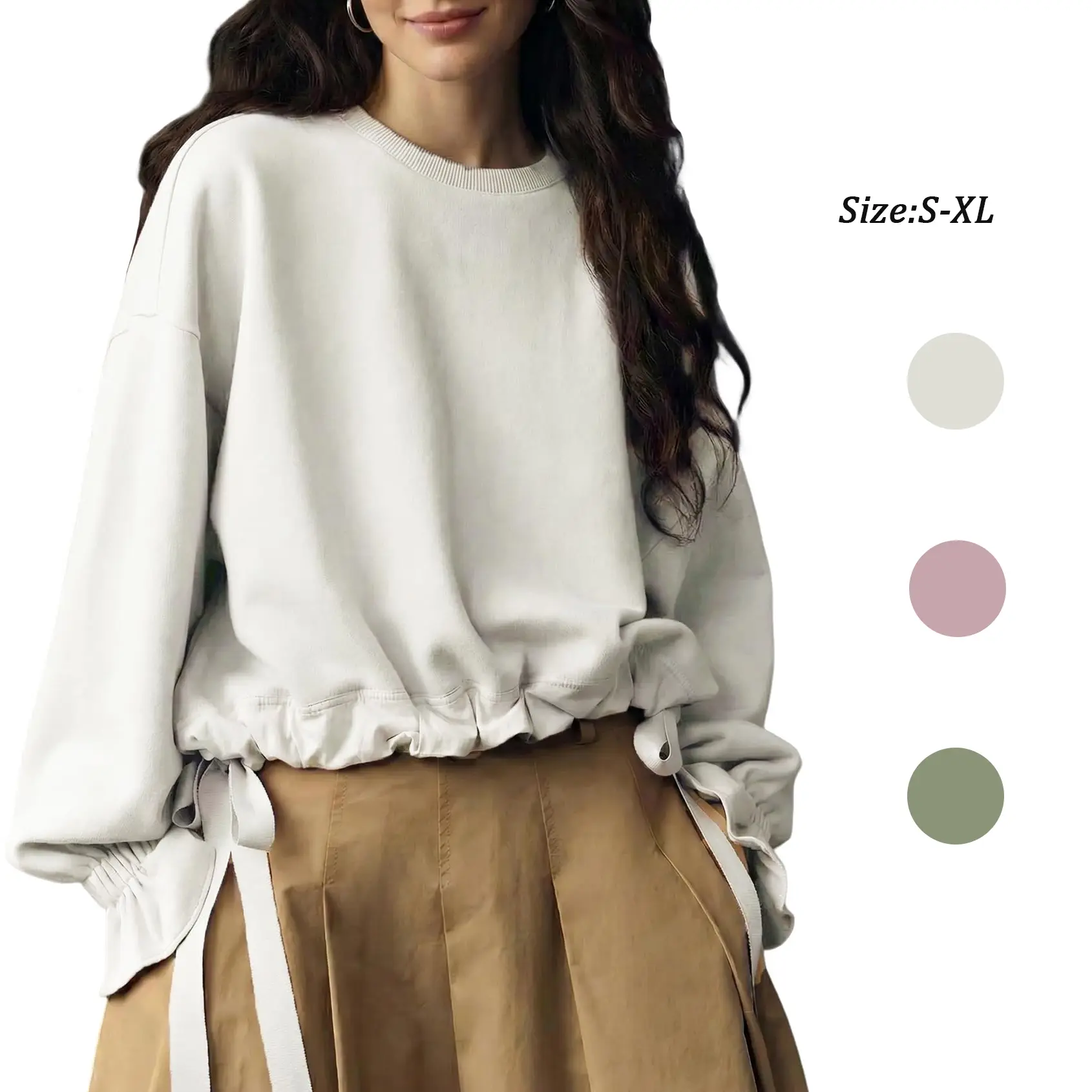 Yimoon Womens Crewneck Sweatshirt Oversized Long Sleeve Fleece Lined Sweatshirts with Drawstring Ruffle Hem