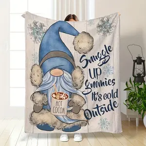 1pc Christmas Blue Gnome Print Blanket, Office Home Shawl Leg Cover Multipurpose Flannel Warm Blanket, Suitable For Nap, Sofa, Bed, Travel, Camping, Living Room, Office, Sofa Chair, Bed Warm And Comfortable Gift Blanket