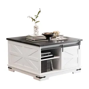 Storage Coffee Table, Modern Farmhouse Coffee Table, Square Wood Center Table with Gas Struts, Extra Large Hidden Storage Space, Metal Bracket Corner