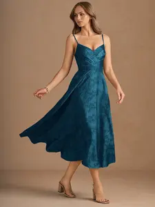 Azazie Katriel Spaghetti Strap Crisscross V-Neck Midi Wedding Guest Cocktail Satin Jacquard Dress