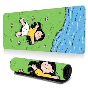 Cartoon Whimsical Girl Desk Mat Gaming Mouse Pad Playful Outdoor Grass & River Extended Mouse Pad for Laptop Large Mouse Pad for Desk with Non-Slip Rubber Base Stitched Edges Surface Perfect Gift for Gamers Men Women Home Office Desk Accessories